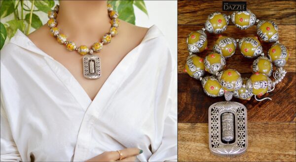 Unique vintage silver plated Tibetan Prayer wheel amulet pendant with Tibetan ornate yellow beads with silver caps