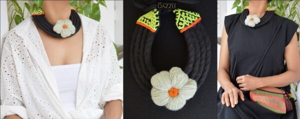 Silk bib necklace with handmade crochet flower