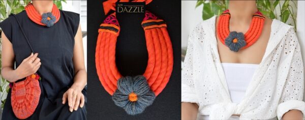 Silk bib necklace with handmade crochet flower
