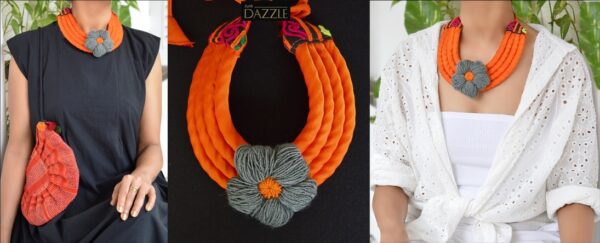 Silk bib necklace with handmade crochet flower