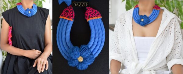 Silk bib necklace with handmade crochet flower