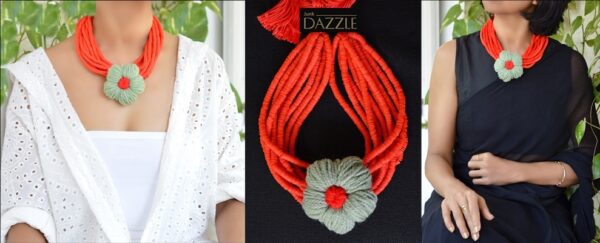 10 strands Wooden beaded necklace with handmade crochet pendant