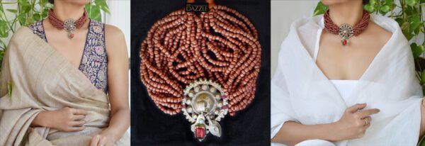 Multilayered pony glass beaded necklace with vintage afghani pendant