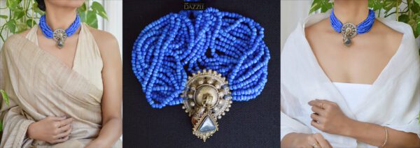 Multilayered pony glass beaded necklace with vintage afghani pendant