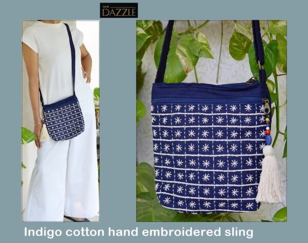 Hand embroidered Indigo pure cotton sling bag