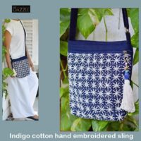 Hand embroidered Indigo pure cotton sling bag
