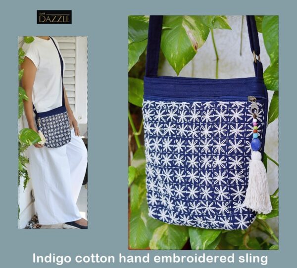 Hand embroidered Indigo pure cotton sling bag