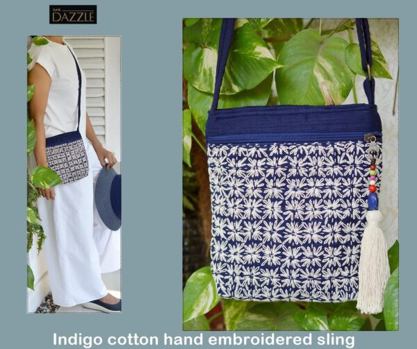 Hand embroidered Indigo pure cotton sling bag