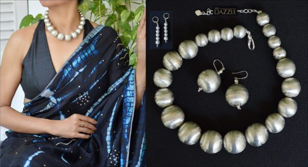 Silver toned ball beads necklace with earrings