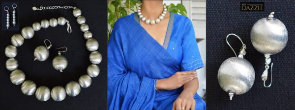 Silver toned ball beads necklace with earrings