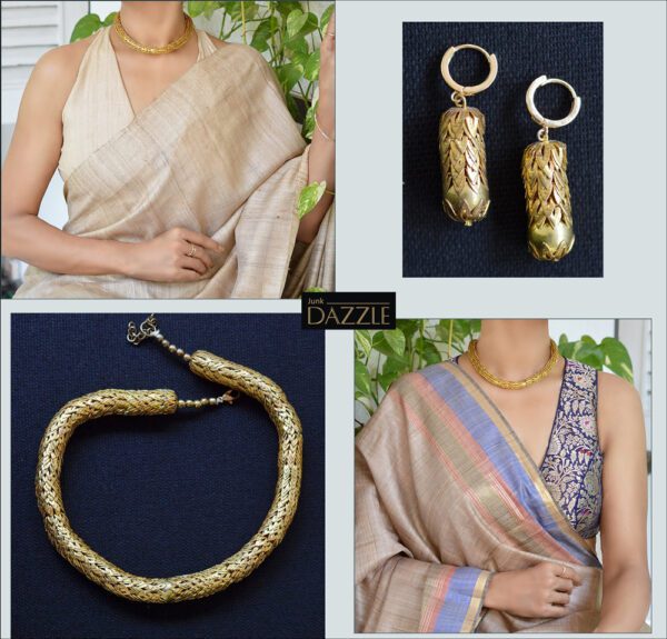 Gold plated basket weave necklace with earrings