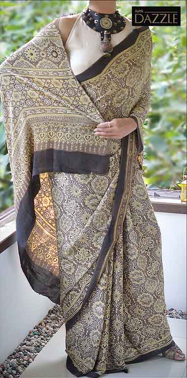 Brown and light mustard Ajrakh saree on modal silk - Junk Dazzle