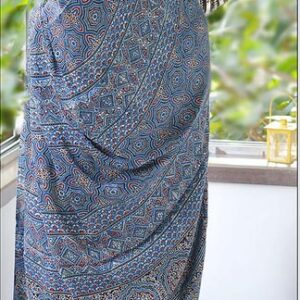 the Indigo Blue Ajrakh Modal Silk Sari with complimentary blouse piece