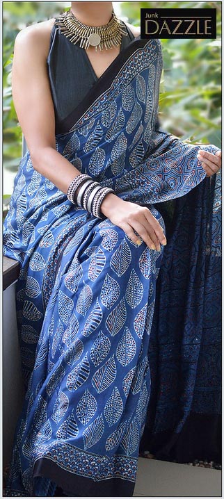 Ajrakh modal silk Sari indigo blue with matching Blouse piece - Junk Dazzle
