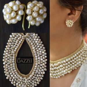HANDWOVEN GOLD THREADED WHITE FRESH WATER PEARL SET (NECKLACE, EARRINGS)
