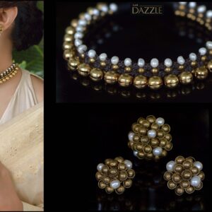 Brass & pearl bell choker with matching finger ring and earrings