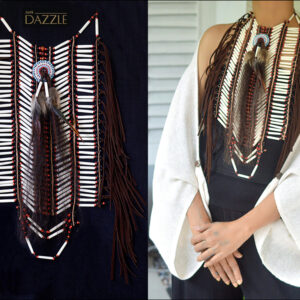 Native American styled handcrafted breastplate with bone pipes, leather, beads and feathers