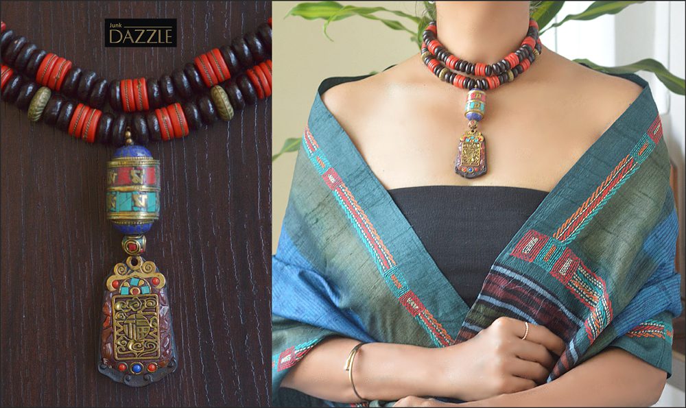 Tibetan natural wood pendant with Tibetan wooden and yak bone