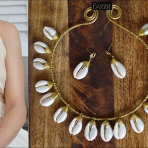 Cowrie shell necklace on brass wire with earrings