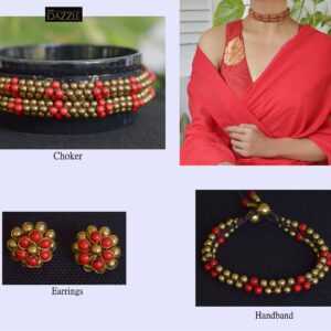 Coral and brass beaded choker with handband and earrings