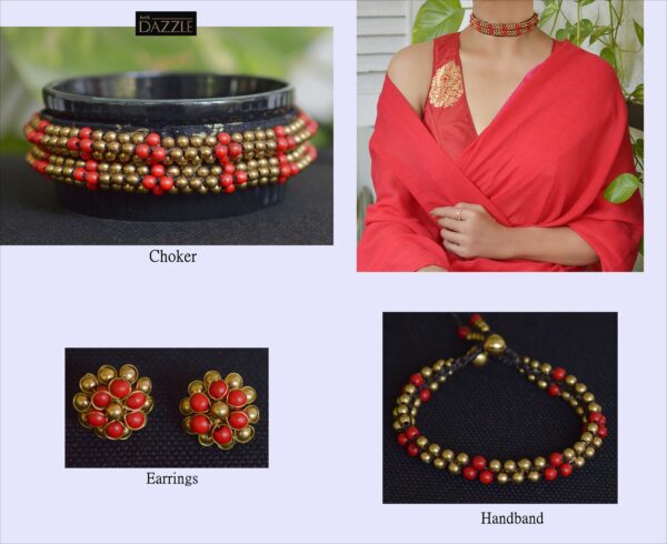 Coral and brass beaded choker with handband and earrings